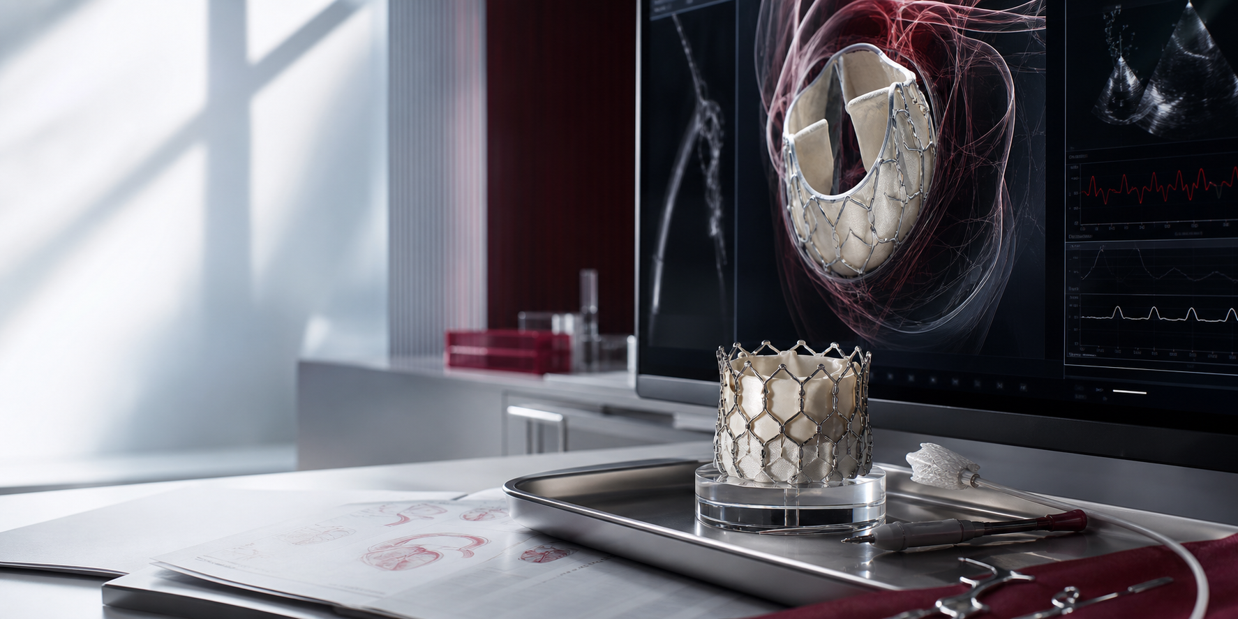 Imagem editorial de tecnologia cardiovascular com valvula cardiaca e monitor medico