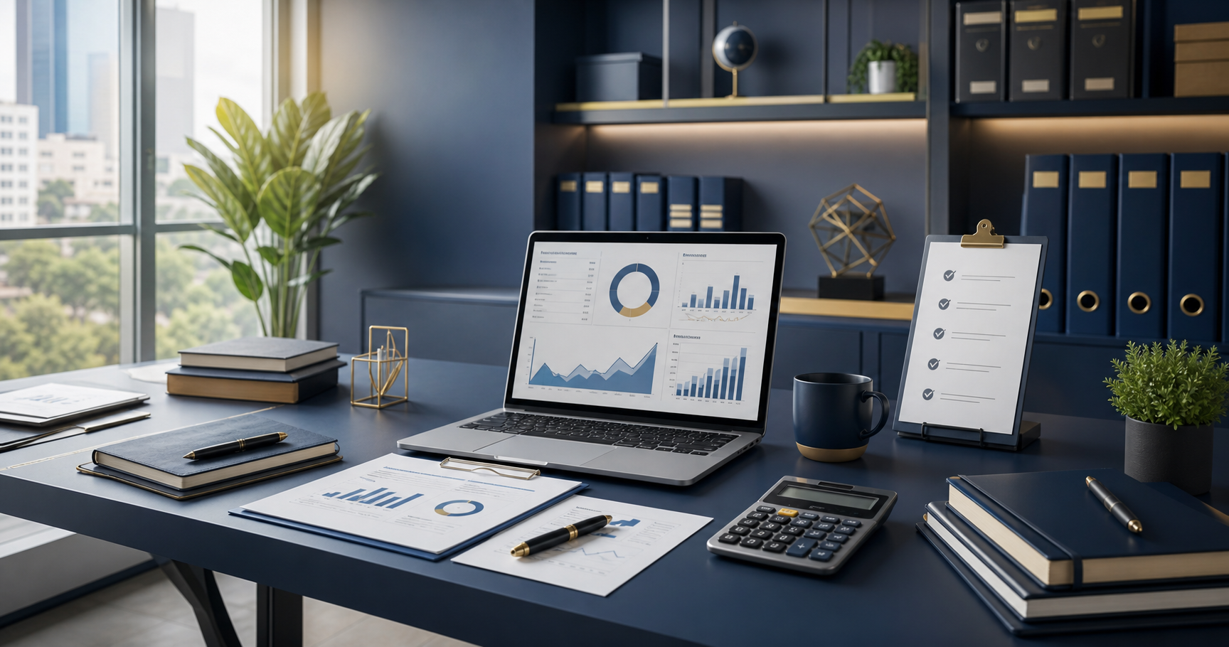 Mesa de consultoria contábil com dashboards, documentos, calculadora e checklist
