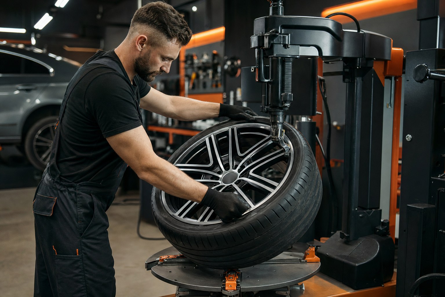 Profissional instalando uma roda esportiva em oficina especializada