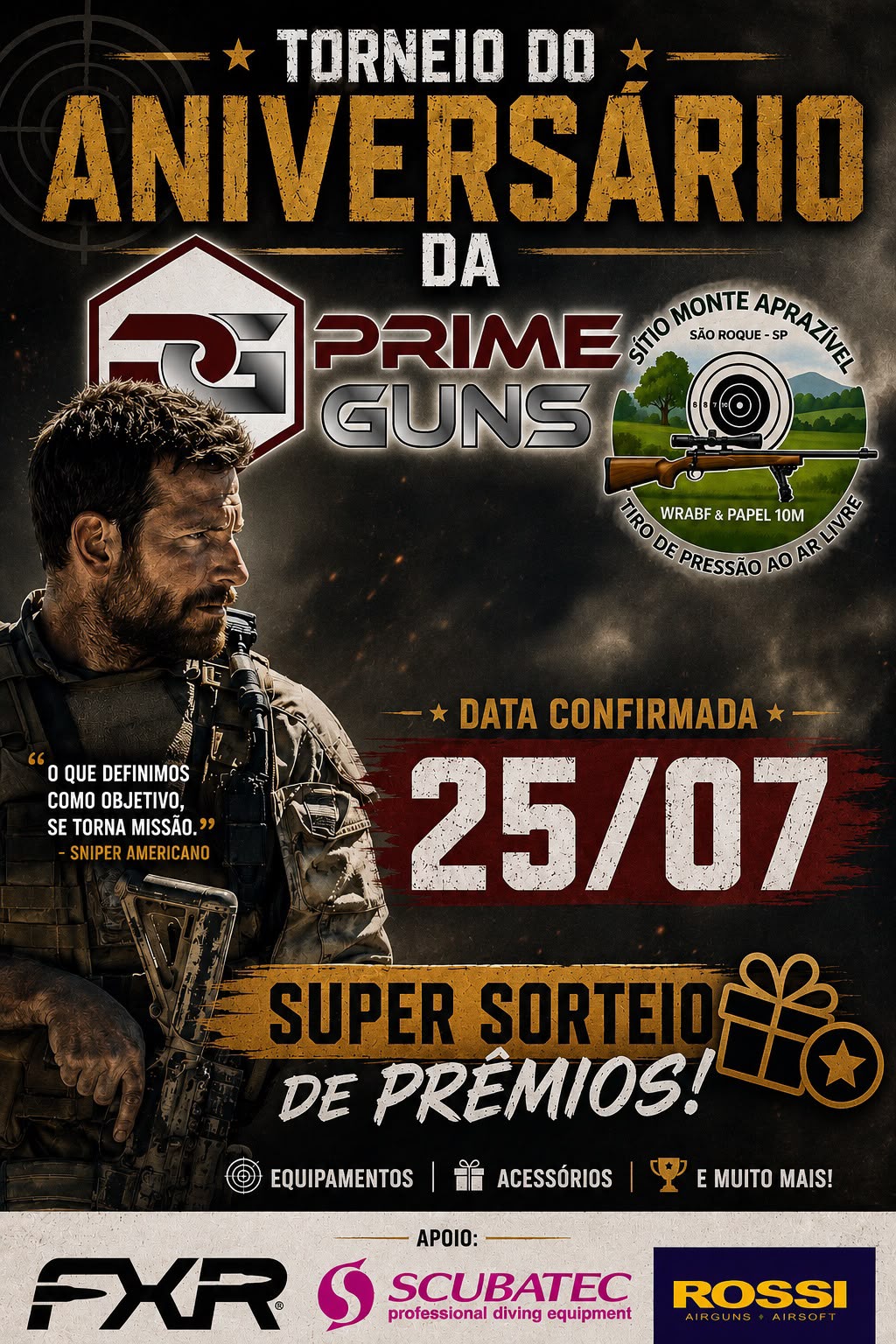 Arte do torneio de aniversario da Prime Guns em 25 de Julho