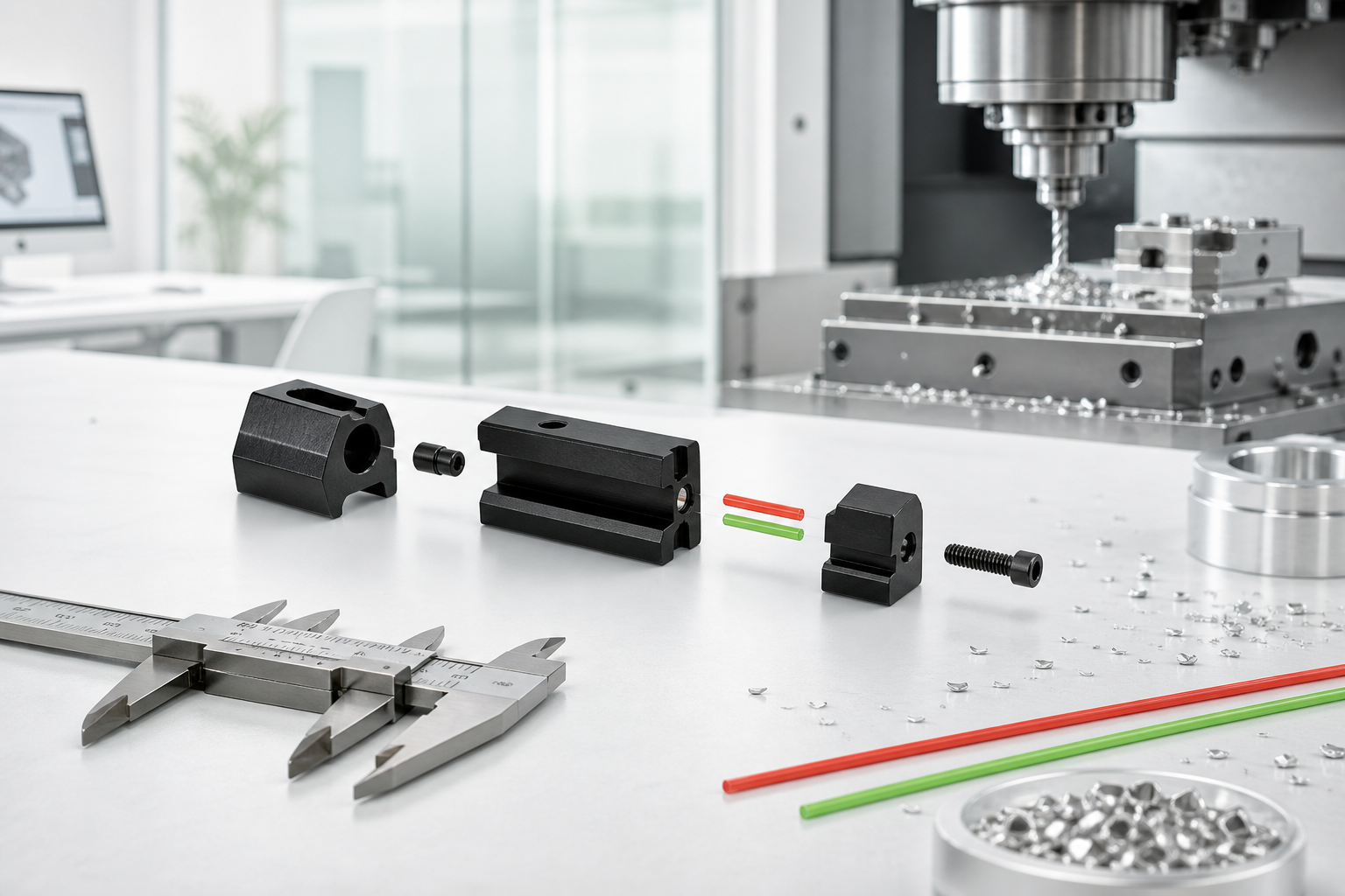 Laboratório claro de usinagem CNC com componentes de precisão
